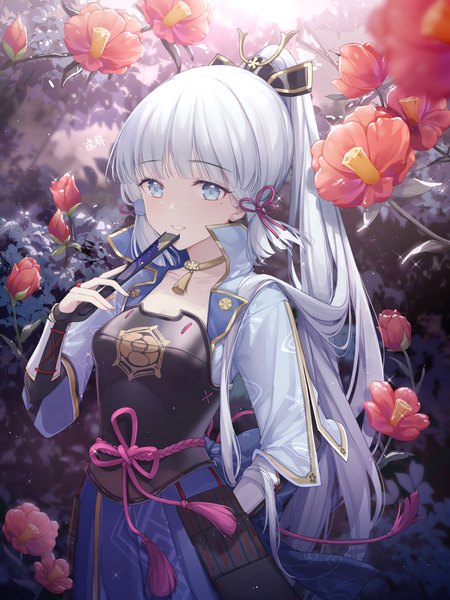 Anime picture 3000x4000 with genshin impact kamisato ayaka zx961219 single long hair tall image highres blue eyes looking away silver hair upper body ponytail mole mole under eye girl flower (flowers) tassel fan hair tubes closed fan