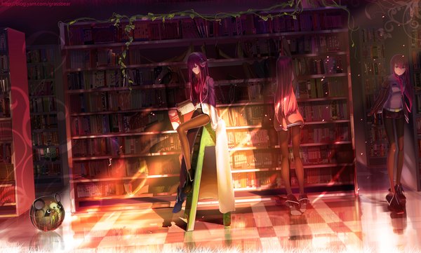 Anime picture 2000x1204 with steins;gate white fox makise kurisu cao xiong (tlb12121) long hair highres wide image red hair indoors black eyes multiple persona girl plant (plants) pantyhose shorts headphones book (books) library