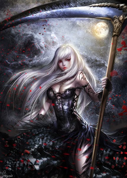 Anime picture 1865x2600 with noblesse seira j. roiard sangrde single long hair tall image highres breasts red eyes standing bare shoulders holding signed looking away cleavage silver hair cloud (clouds) outdoors white hair wind