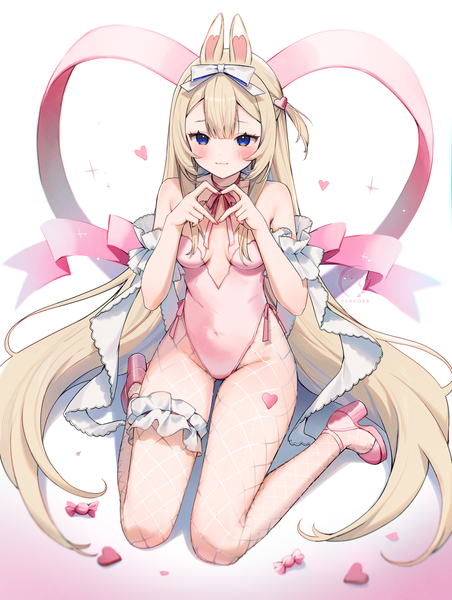 Anime picture 1251x1660 with virtual youtuber indie virtual youtuber yenko (vtuber) yenkoes single tall image blush fringe blue eyes light erotic blonde hair hair between eyes sitting animal ears very long hair bunny ears one side up wariza heart hands girl