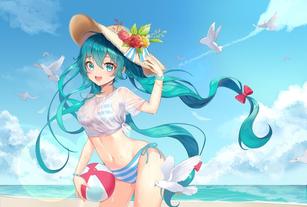 Anime picture 1626x1097 with vocaloid hatsune miku yuna (deadawon) single looking at viewer blush fringe open mouth light erotic hair between eyes twintails sky cloud (clouds) very long hair aqua eyes aqua hair horizon adjusting hat girl navel