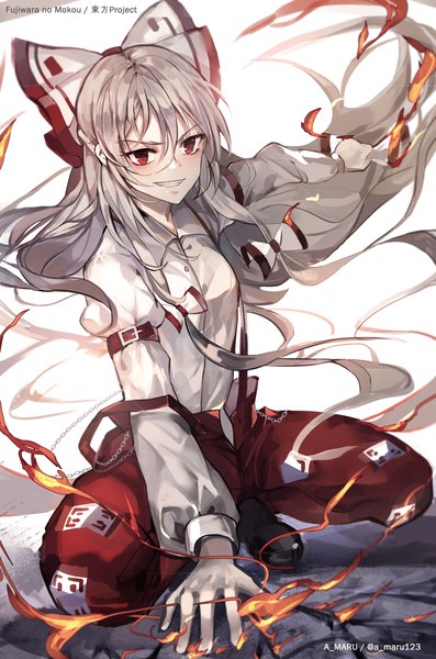 Anime picture 2977x4500 with touhou fujiwara no mokou unity (ekvmsp02) single tall image fringe highres smile hair between eyes red eyes looking away very long hair grey hair arm support copyright name character names grin girl bow hair bow