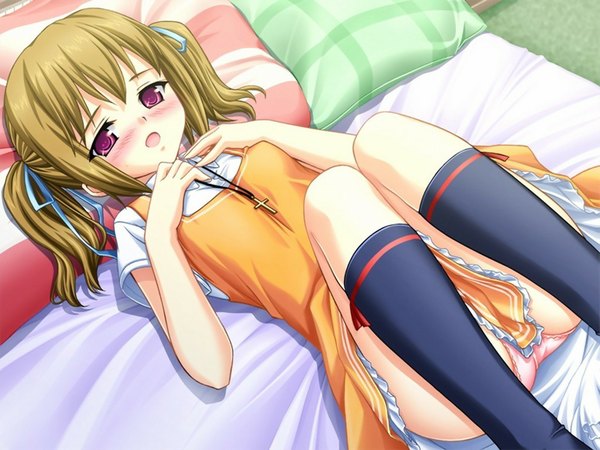 Anime picture 1024x768 with tagme (character) amano yuu single blush short hair open mouth light erotic blonde hair red eyes twintails purple eyes lying pantyshot short twintails girl thighhighs underwear panties ribbon (ribbons) hair ribbon