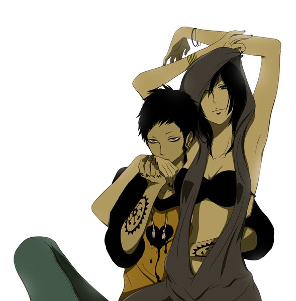 Anime picture 1154x1177 with one piece toei animation nico robin trafalgar law muucoo long hair tall image looking at viewer short hair breasts black hair simple background smile white background holding looking away cleavage bent knee (knees) nail polish fingernails