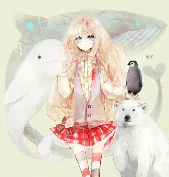 Anime picture 1000x1046 with original juexing (moemoe3345) long hair tall image blue eyes blonde hair girl skirt bow animal penguin whale polar bear