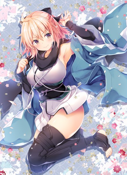 Anime picture 800x1101 with fate (series) fate/grand order koha-ace okita souji (fate) (all) okita souji (koha-ace) konomi (kino konomi) single tall image looking at viewer blush fringe short hair breasts light erotic blonde hair smile hair between eyes brown eyes full body ahoge