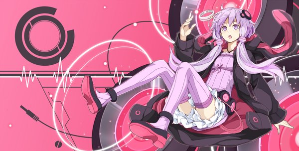 Anime picture 1800x910 with vocaloid yuzuki yukari toromera single long hair highres open mouth wide image purple eyes twintails purple hair :o low twintails frilly skirt weightlessness girl thighhighs skirt hair ornament shoes