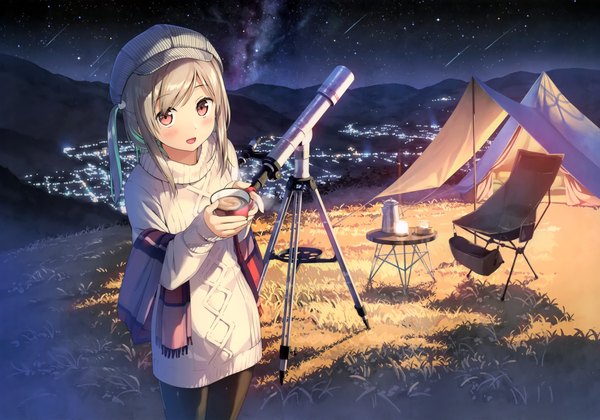 Anime picture 6410x4483 with original kantoku single long hair looking at viewer blush fringe highres open mouth blonde hair smile red eyes standing holding absurdres outdoors long sleeves :d scan night