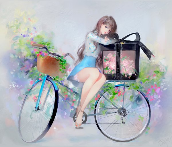 Anime picture 3500x3000 with original dadachyo single long hair looking at viewer fringe highres blue eyes brown hair sitting signed absurdres full body bent knee (knees) nail polish parted lips bare legs high heels girl skirt