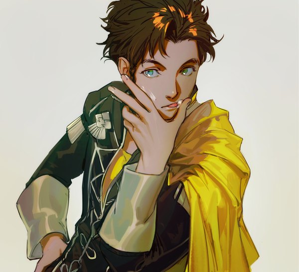 Anime picture 3205x2909 with fire emblem fire emblem: three houses nintendo claude von riegan kkia single highres short hair simple background brown hair white background green eyes looking away absurdres upper body long sleeves licking food on face boy food