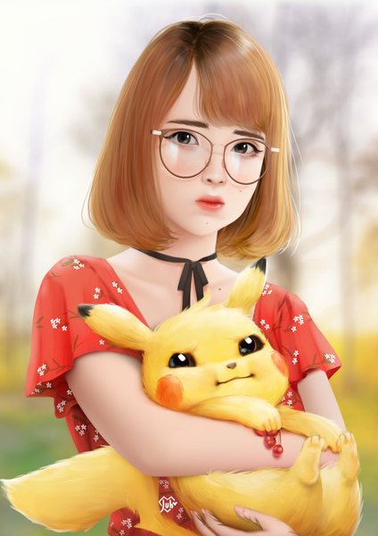 Anime picture 1240x1754 with pokemon nintendo real life pikachu metta coraima jubi (regiana) single tall image looking at viewer short hair brown hair signed black eyes blurry realistic mole short sleeves hug lipstick red lipstick
