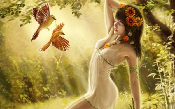 Anime picture 1920x1200 with single long hair highres black hair wide image eyes closed hair flower sunlight realistic girl hair ornament animal bird (birds) jewelry sundress branch