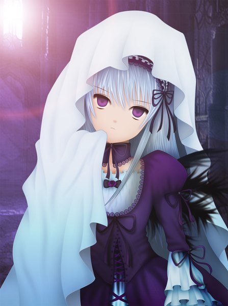 Anime picture 1490x2000 with rozen maiden suigintou tagme (artist) single long hair tall image looking at viewer blush fringe short hair open mouth blue eyes purple eyes silver hair girl dress