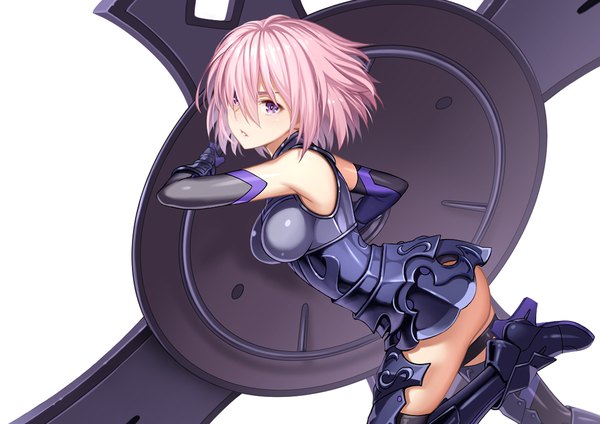 Anime picture 1200x848 with fate (series) fate/grand order mash kyrielight porikeracchou single fringe short hair light erotic simple background white background purple eyes looking away pink hair hair over one eye girl armor shield
