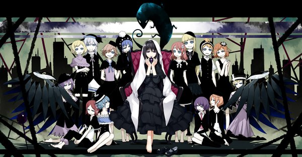 Anime picture 1300x679 with mahou shoujo madoka magica shaft (studio) akemi homura homulilly clara dolls (madoka magica) sakuraba yuuki long hair looking at viewer fringe black hair blonde hair smile brown hair wide image standing sitting multiple girls holding blue hair looking away