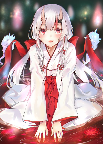 Anime picture 1529x2135 with virtual youtuber hololive nakiri ayame nanakagura single long hair tall image looking at viewer blush fringe open mouth hair between eyes red eyes sitting payot silver hair traditional clothes :d japanese clothes multicolored hair