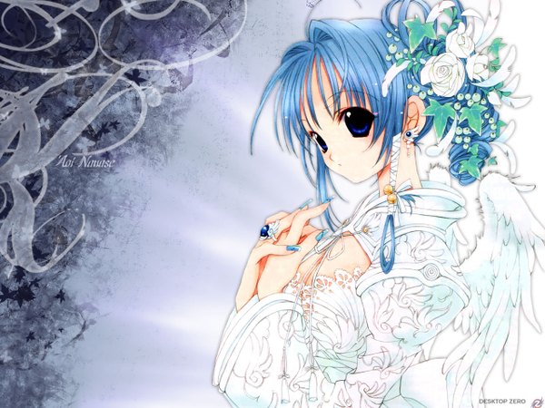Anime picture 1280x960 with original nanase aoi single looking at viewer fringe blue eyes signed blue hair cleavage upper body ahoge nail polish looking back hair flower wide sleeves angel wings girl hair ornament flower (flowers) earrings
