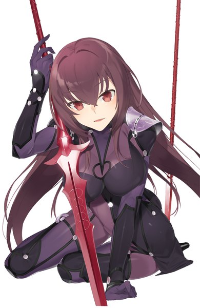 Anime-Bild 651x1000 mit fate (series) fate/grand order scathach (fate) (all) scathach (fate) hayashi kewi single long hair tall image looking at viewer blush fringe breasts open mouth light erotic simple background hair between eyes large breasts white background holding brown eyes