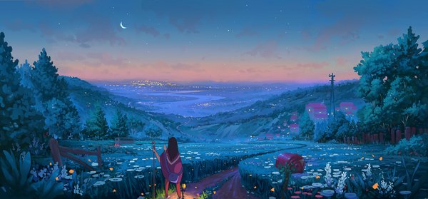 Anime picture 1920x895 with original gydw1n single long hair highres brown hair wide image standing cloud (clouds) from behind night scenic crescent city lights nature sitting on person field animal on shoulder panorama girl
