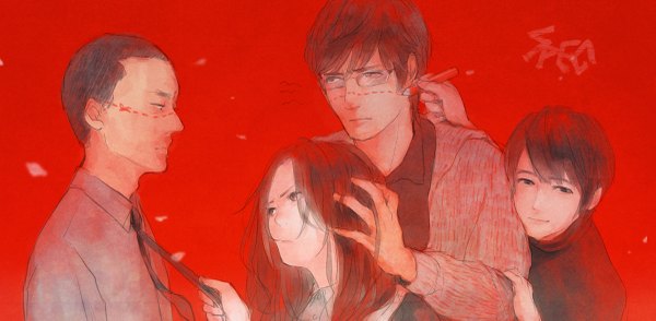 Anime picture 1200x589 with spec keipomjp long hair short hair brown hair wide image profile facial mark group red background painting girl boy shirt glasses necktie