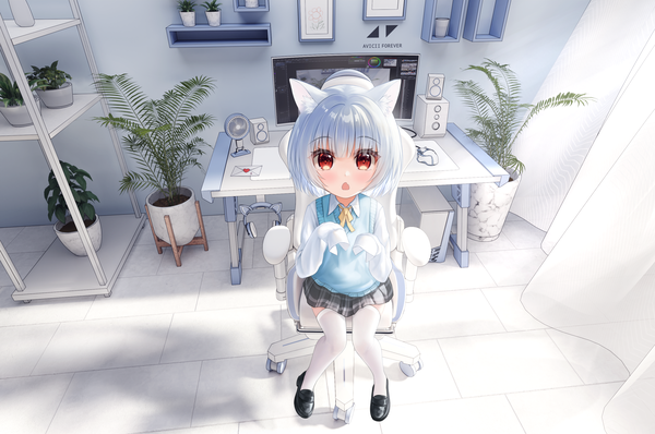 Anime picture 2968x1967 with original liht single looking at viewer fringe highres short hair open mouth red eyes sitting animal ears silver hair full body indoors blunt bangs long sleeves pleated skirt from above cat ears shadow