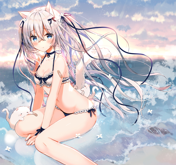 Anime picture 1069x1000 with original yadapot single long hair looking at viewer blush fringe breasts blue eyes light erotic hair between eyes sitting animal ears sky silver hair cloud (clouds) tail animal tail cat ears cat girl