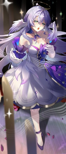 Anime picture 3471x8060 with honkai: star rail honkai (series) robin (honkai: star rail) eamut1 single long hair tall image looking at viewer blush fringe highres breasts open mouth hair between eyes large breasts standing bare shoulders green eyes absurdres cleavage