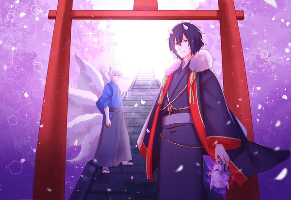 Anime picture 1818x1251 with kakuriyo no yadomeshi gonzo oodanna ginnji alex305000 looking at viewer fringe highres short hair blue eyes black hair hair between eyes red eyes standing holding animal ears full body white hair tail nail polish