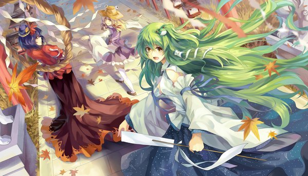 Anime picture 2000x1145 with touhou kochiya sanae moriya suwako yasaka kanako neko (yanshoujie) long hair looking at viewer highres short hair open mouth blonde hair wide image multiple girls brown eyes purple hair looking back green hair light smile girl dress