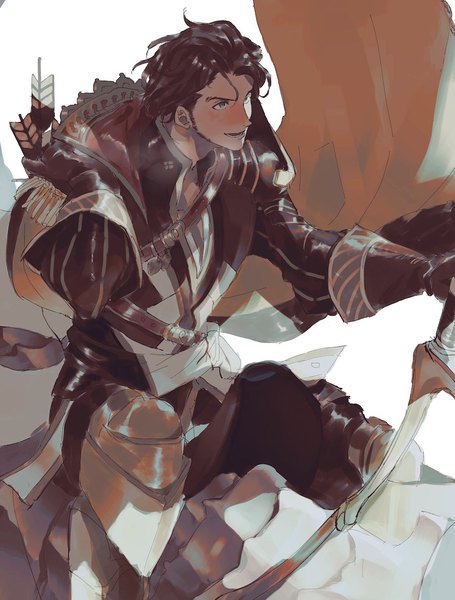 Anime picture 900x1188 with fire emblem fire emblem: three houses nintendo claude von riegan rschclg single tall image short hair open mouth smile brown hair sitting green eyes looking away boy arrow (arrows)