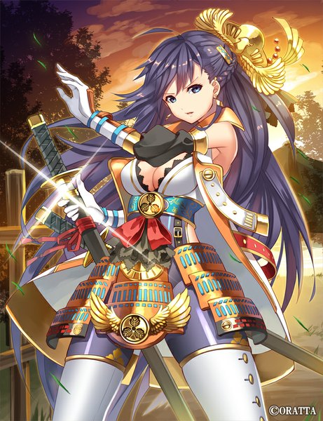 Anime picture 640x832 with original nukuhito single long hair tall image looking at viewer breasts open mouth blue eyes purple hair inscription evening sunset girl gloves weapon plant (plants) earrings sword tree (trees)