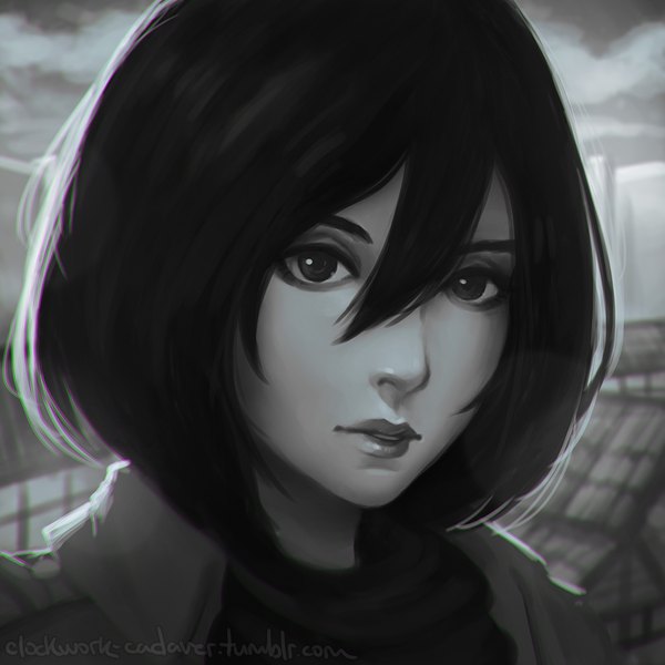 Anime picture 1024x1024 with shingeki no kyojin production i.g mikasa ackerman koyoriin single short hair black hair hair between eyes signed looking away outdoors parted lips lips black eyes realistic inscription grey background monochrome portrait eyeshadow