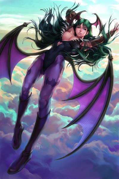Anime picture 800x1200 with vampire / darkstalkers (game) morrigan aensland artgerm (stanley lau) single long hair tall image breasts light erotic green eyes signed sky cleavage cloud (clouds) full body green hair lips realistic armpit (armpits) bat wings head wings