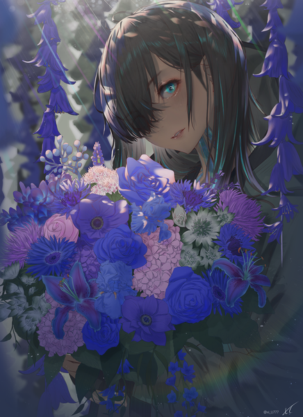 Anime picture 2886x3976 with arknights flint (arknights) xi-u single long hair tall image looking at viewer blush fringe highres open mouth black hair signed upper body head tilt multicolored hair aqua eyes hair over one eye teeth streaked hair