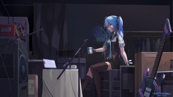 Anime picture 5760x3240 with vocaloid hatsune miku orga (orgacl) single long hair looking at viewer fringe highres blue eyes smile hair between eyes wide image sitting twintails holding signed payot absurdres bent knee (knees) indoors