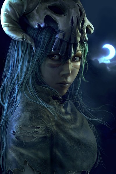 Anime picture 1056x1588 with bleach studio pierrot nelliel tu odelschwanck wen-jr single tall image blue hair horn (horns) lips realistic night torn clothes facial mark crescent face paint espada 3d girl moon skull