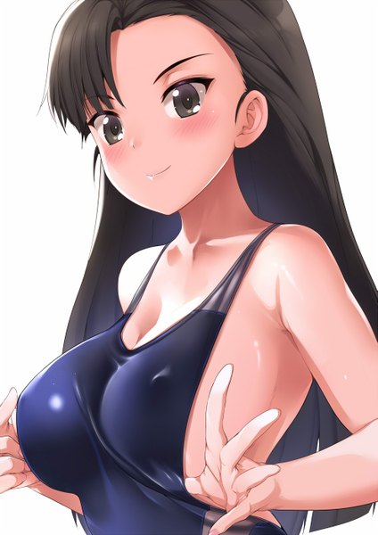 Anime picture 989x1400 with girls und panzer nishi kinuyo amasora taichi single long hair tall image looking at viewer blush fringe breasts light erotic black hair simple background large breasts white background upper body head tilt light smile black eyes shadow