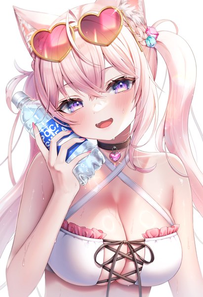 Anime picture 2519x3680 with virtual youtuber hololive pocari sweat hakui koyori kawara purin single long hair tall image looking at viewer blush fringe highres breasts open mouth light erotic simple background smile hair between eyes large breasts white background