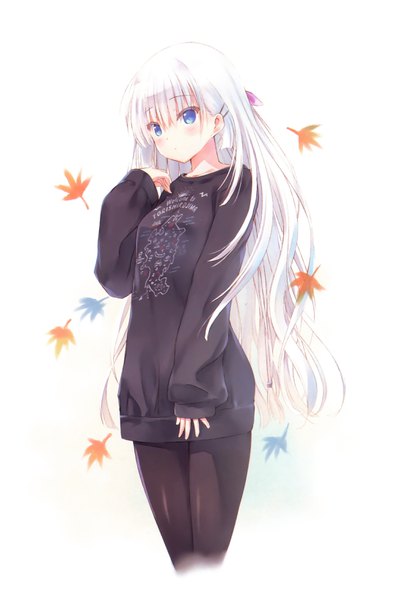 Anime picture 2161x3265 with summer pockets key (studio) naruse shiroha na-ga single long hair tall image looking at viewer fringe highres blue eyes white background white hair scan sleeves past wrists girl pantyhose black pantyhose leaf (leaves) sweater