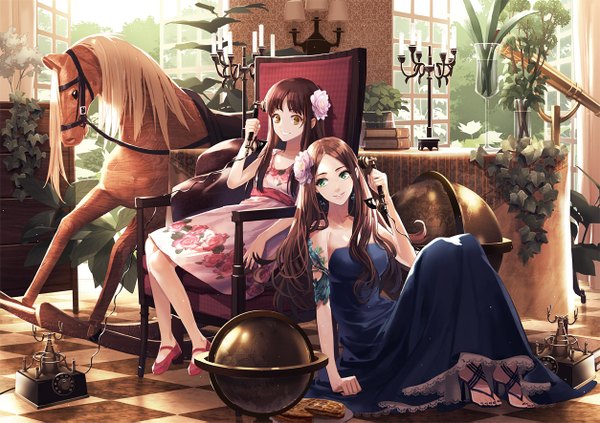 Anime picture 1254x885 with original toti (pixiv) long hair blue eyes brown hair sitting multiple girls brown eyes hair flower checkered floor girl dress hair ornament flower (flowers) 2 girls plant (plants) tree (trees) window toy armchair