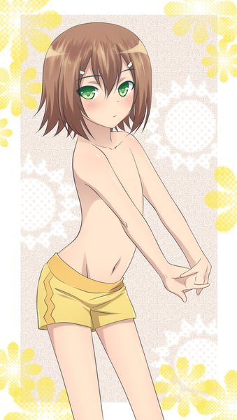 Anime picture 990x1748 with baka to test to shoukanjuu silver link kinoshita hideyoshi yume what if single tall image looking at viewer blush fringe short hair light erotic simple background hair between eyes brown hair standing bare shoulders green eyes topless arched back otoko no ko