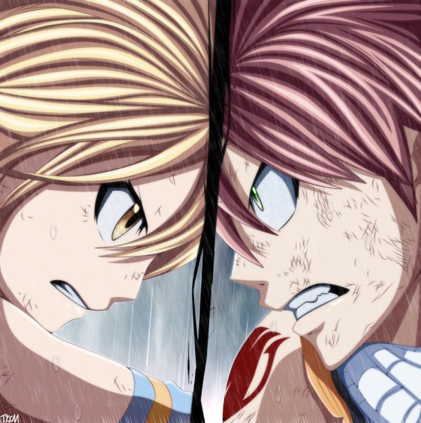 Anime picture 1244x1250 with fairy tail lucy heartfilia natsu dragneel futuretabs long hair tall image short hair blonde hair brown eyes green eyes pink hair profile wet tattoo sleeveless grin coloring close-up rain face