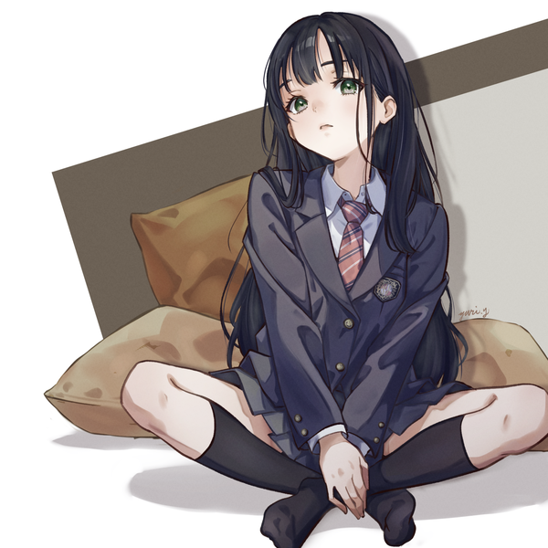 Anime picture 1890x1890 with original yuri yone single long hair looking at viewer highres black hair sitting green eyes full body shadow no shoes turning head indian style girl uniform school uniform socks necktie pillow