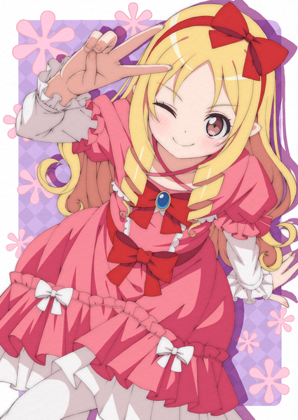Anime picture 724x1023 with eromanga sensei a-1 pictures yamada elf mon0351 single long hair tall image looking at viewer blush fringe simple background blonde hair smile sitting brown eyes one eye closed pointy ears wink arm support crossed legs