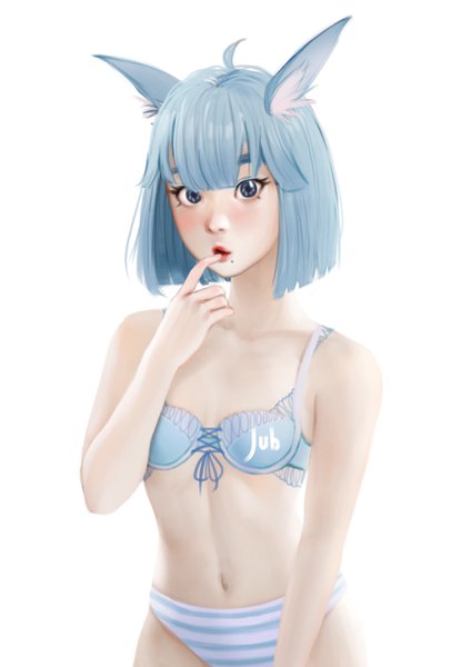 Anime picture 1920x2716 with original lizha (jubi) jubi (regiana) single tall image looking at viewer fringe highres short hair blue eyes light erotic simple background white background signed animal ears blue hair ahoge blunt bangs parted lips realistic