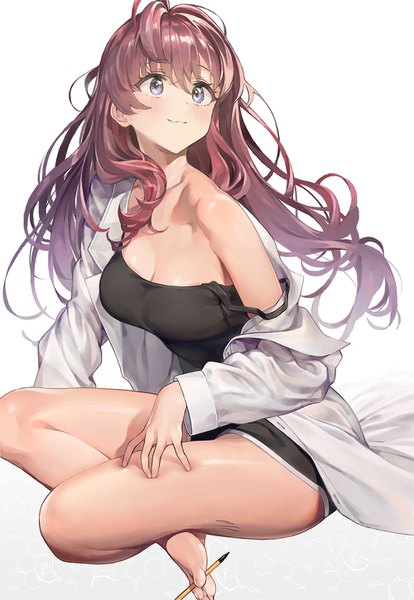 Anime picture 1000x1449 with idolmaster idolmaster cinderella girls ichinose shiki ame (uten cancel) single long hair tall image blush fringe breasts light erotic simple background smile hair between eyes red eyes white background sitting bare shoulders cleavage ahoge