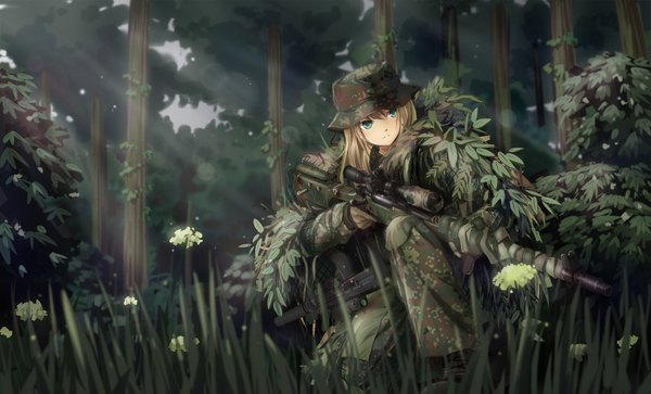 Anime picture 1760x1065 with original tc1995 single long hair fringe highres blonde hair wide image holding green eyes looking away sunlight army camouflage sniper girl gloves uniform flower (flowers) weapon