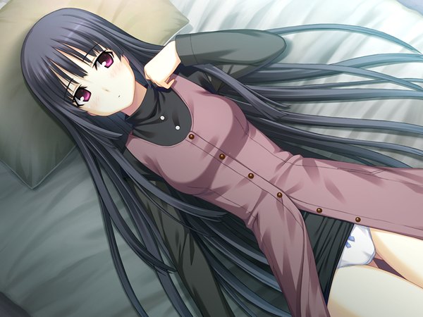 Anime picture 1200x900 with bitter smile. miyatsubashi isaki long hair light erotic black hair purple eyes game cg lying pantyshot girl pillow bed