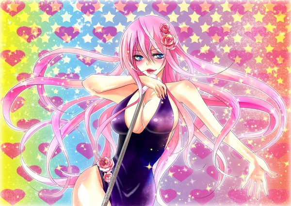 Anime picture 1280x905 with vocaloid megurine luka blue eyes light erotic pink hair hair flower girl hair ornament swimsuit microphone