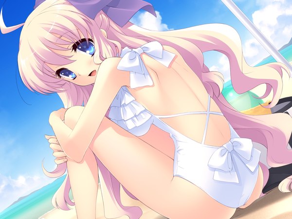 Anime picture 1600x1200 with flyable heart minase sakurako blue eyes pink hair beach swimsuit